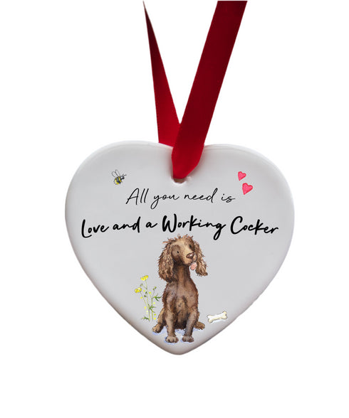 Love and a Cocker (Working) Liver Ceramic Heart